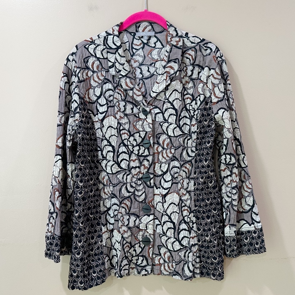 Habitat Clothes to Live In Crinkle Blouse Button Floral Patchwork Gray Women M